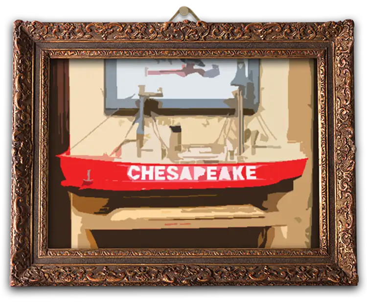 Framed painting of model ship, the Chesapeake - Decatur, IL